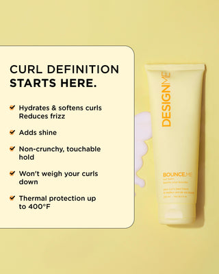 Image of BOUNCE.ME Curl Balm with key features and benefits: defines curls, reduces frizz, adds hydration and shine. 