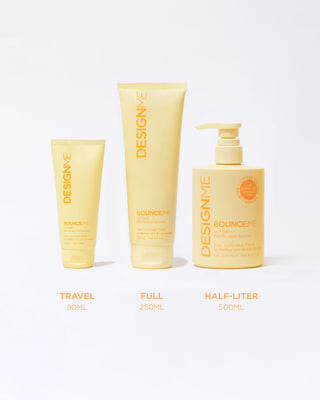 Image showing the four available formats of BOUNCE.ME Curl Balm: travel size 90ml, full size 250ml and half-liter 500ml bottles.
