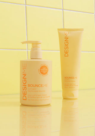 Image showing BOUNCE.ME Curl Balm in full-size tube and 500 ml bottle with pump for easy use.