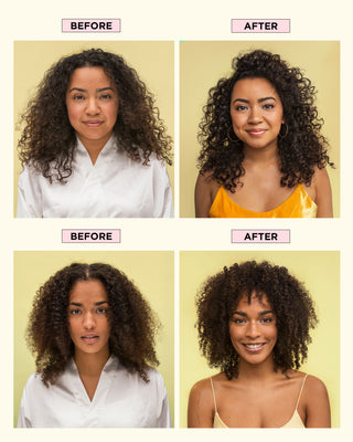 Before and after collage of two models with 3a & 4a curly hair, showcasing hair transformations using BOUNCE.ME Curl Shampoo Discovery Size