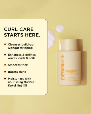 Image of the BOUNCE.ME Curl Shampoo bottle with key features