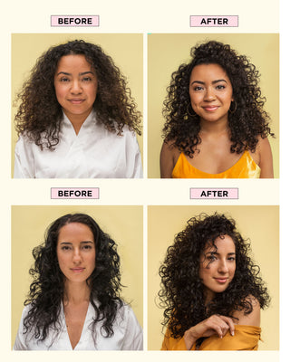 Before and after collage of two models showcasing hair transformations using BOUNCE.ME Curl Spray Gel
