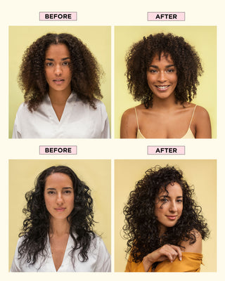 Before and after of two models with 2C and 4A curls showing enhanced definition, softness, and shine after using Curl & Definition Bundle.