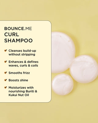 Close-up of BOUNCE.ME Curl Shampoo texture with a list of key benefits.