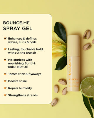 Travel-size BOUNCE.ME Spray Gel with key benefits: enhances curls, offers touchable hold, tames frizz, repels humidity, and provides thermal protection up to 400°F.