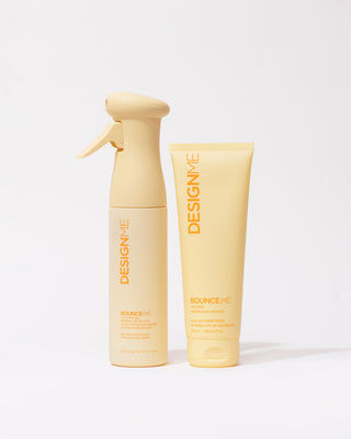 Front view of the 2 items Curl Enhancing Duo with yellow packaging, including BOUNCE.ME curl balm, and Enhancer Mist.