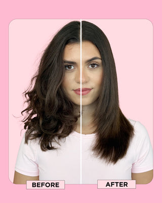 Model side-by-side after using smoothing brush: Frizz on one side, smooth straight hair on the other side.