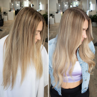 Before and after using FAB.ME BLONDE Shampoo; tones neutralized, strands hydrated and strong.