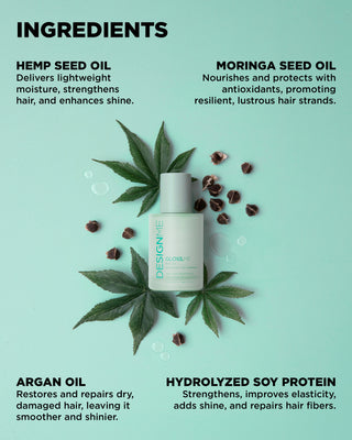 Key ingredients for GLOSS.ME Hair Oil, featuring hydrolyzed soy protein, hemp seed, moringa seed & argan oil.