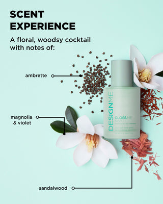 Scent cues for GLOSS.ME Hair Oil with floral woodsy notes like magnolia & violet, sandalwood