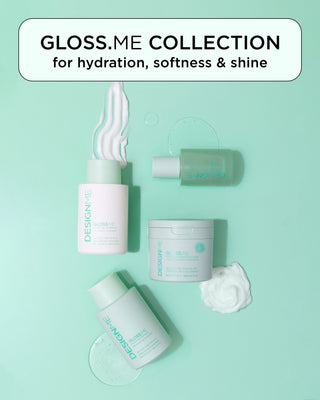 GLOSS.ME hydrating collection featuring shampoo, conditioner, treatment mask, and hair oil with their textures.