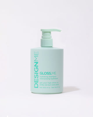 Front view of GLOSS.ME Hydrating Shampoo half-litre bottle with pump for easy use.