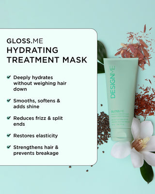 GLOSS.ME hydrating treatment mask deeply hydrates without weighing hair down, smooths, softens, adds shine, reduces frizz & split ends, restores elasticity, strengthens hair, and prevents breakage.