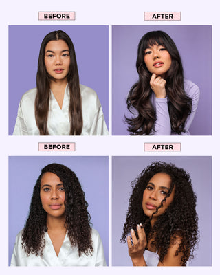 Before-and-after: long, shiny hair and 3C curls transformed by FAB.ME Leave-In for smooth, soft, frizz-free, beautifully defined results.