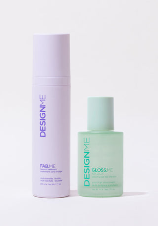 Front view of full-size duo featuring FAB.ME Leave-In (230ml) in a purple bottle and GLOSS.ME Hair Oil (80ml) in a green bottle.