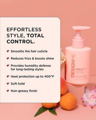 Image of the HOLD.ME Styling Cream bottle with key features and benefits