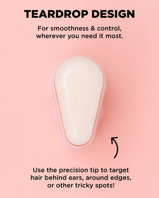 Close-up of DESIGNME HOLD.ME Stick’s teardrop shape designed for controlled, mess-free styling around edges, ears, and tricky hair areas.
