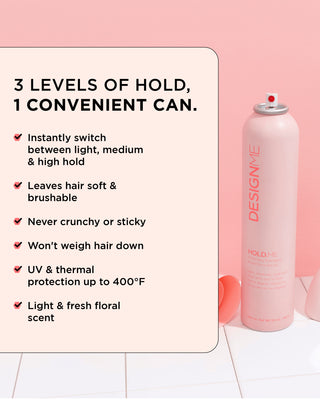 Image of the HOLD.ME Three-Way Hairspray bottle with key features and benefits
