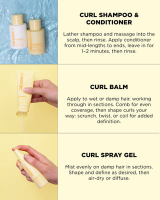 Curl-defining hair care products with usage instructions 