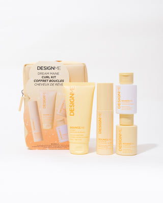 DESIGNME Dream Mane Curl Kit with hair care products on a white background
