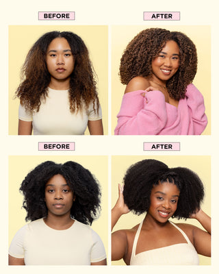 Before and after comparison of models with curly hair on a yellow background
