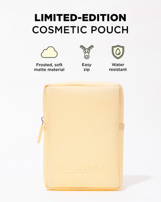 Yellow cosmetic pouch with features listed on a white background