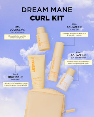 Dream Mane Curl Kit with product bottles and product descriptions against a blue sky background