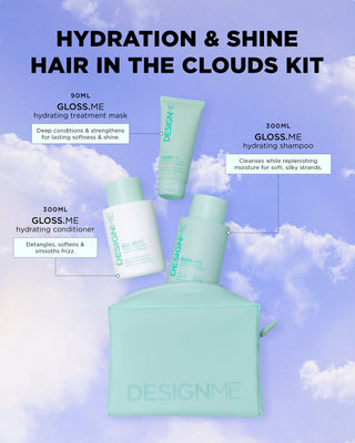 Image describing the benefits of each product in the hydrating hair set: GLOSS.ME hydrating shampoo that cleanses while replenishing moisture for soft silky strands, GLOSS.ME hydrating conditioner that detangles, softens & smooths frizz. GLOSS.ME hydrating treatment mask deep conditioners & strengthens for lasting softness & shine.