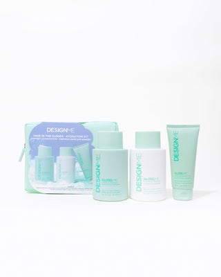 Front view of GLOSS.ME Hydrating Holiday Hair Set.  Includes GLOSS.ME hydrating shampoo, GLOSS.ME hydrating conditioner, GLOSS.ME hydrating treatment mask, and cute reusable water-resistant cosmetic pouch.