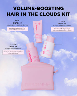 Image describing the benefits of each product in the volume-boosting hair set: PUFF.ME volumizing shampoo deeply cleanses for weightless volume & body, PUFF.ME volumizing conditioner conditions for lightweight hydration & maximum volume, PUFF.ME volumizing treatment whip plumps and volumizes for thicker, fuller-looking hair.