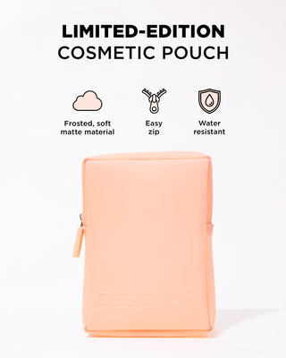 Limited-edition cosmetic pouch with features listed on a white background