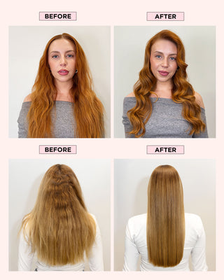 Before and after comparison of models who've used the Cloud 9 Styling Kit. Before: Frizzy & unruly hair. After: Smooth, Frizz-free hair.