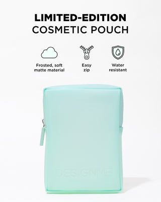 Light blue cosmetic pouch with features listed on a white background