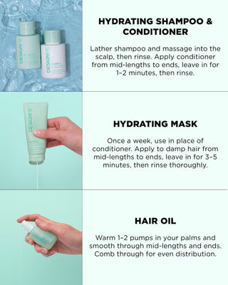 Instructions for using hair care products including shampoo, conditioner, mask, and oil.
