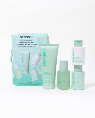 Set of travel-size hydrating hair products on a white background
