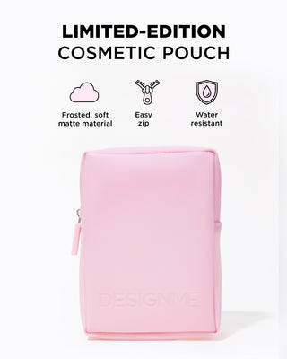 Pink cosmetic pouch with features listed on a white background