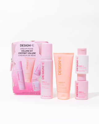 Set of travel-size volumizing haircare products on a white background