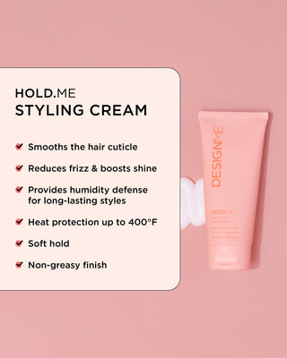 DESIGNME HOLD.ME Styling Cream tube with product features on a pink background
