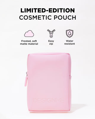 Pink cosmetic pouch with features listed on a white background