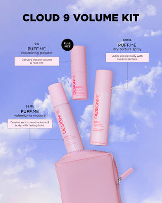 Image describing what products are included in the Cloud 9 Volume Styling Kit: PUFF.ME volumizing powder, PUFF.ME volumizing mousse, and PUFF.ME dry texture spray.