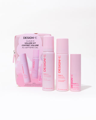 DESIGNME Volume Kit with pink packaging and bottles on a white background