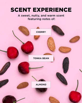 Fruits and nuts on a pink background with text describing a scent experience featuring cherry, tonka bean, and almond.