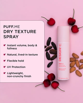 Dry texture spray on a pink background with list of product benefits.