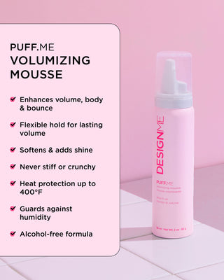 PUFF.ME volumizing mousse bottle with product features on a pink background