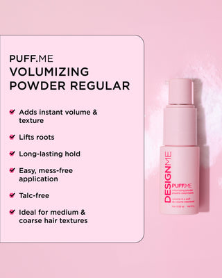 DesignMe Puff.Me volumizing powder on a pink background with product details.