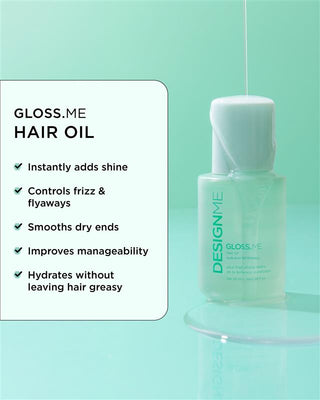 GLOSS.ME Hair Oil bottle and oil lightweight texture with key benefits: weightless hydration, shine, frizz elimination, smoothing dry ends, enhanced manageability.