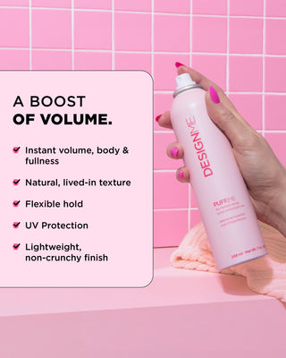 Image of the PUFF.ME Dry Texture Spray bottle with key features and benefits