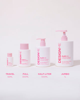 Image showing the four available formats of PUFF.ME Volumizing Conditioner: travel size 50ml, full size 300ml, half-liter 500ml, and jumbo 1-liter bottles.