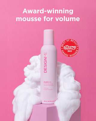 PUFF.ME Volumizing Mousse, surrounded by mousse, with the Allure Best of Beauty Award Winner insignia for Mousse for Volume, 2022.