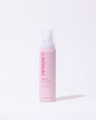 Front view of travel-size PUFF.ME Volumizing Mousse bottle, compact and sleek design.